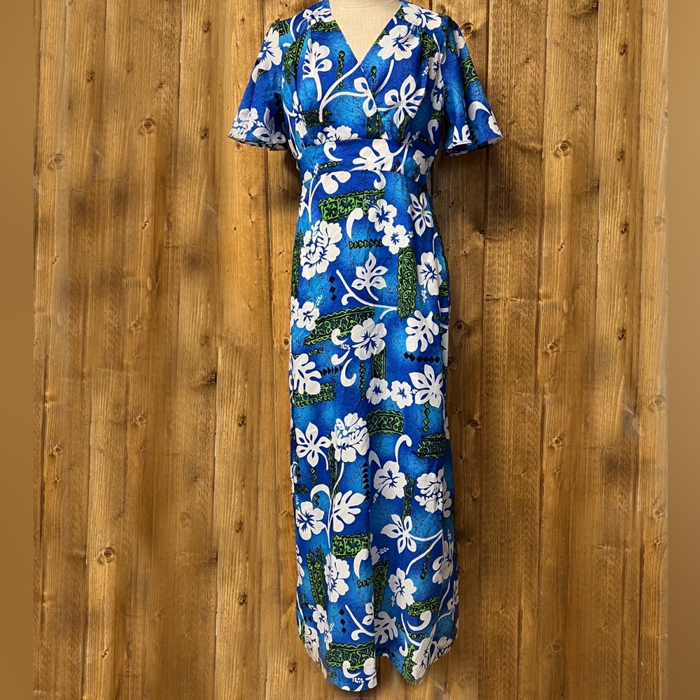 Vintage Royal Hawaiian 12 Blue White V-neck Maxi Dress - Picture 2 of 9